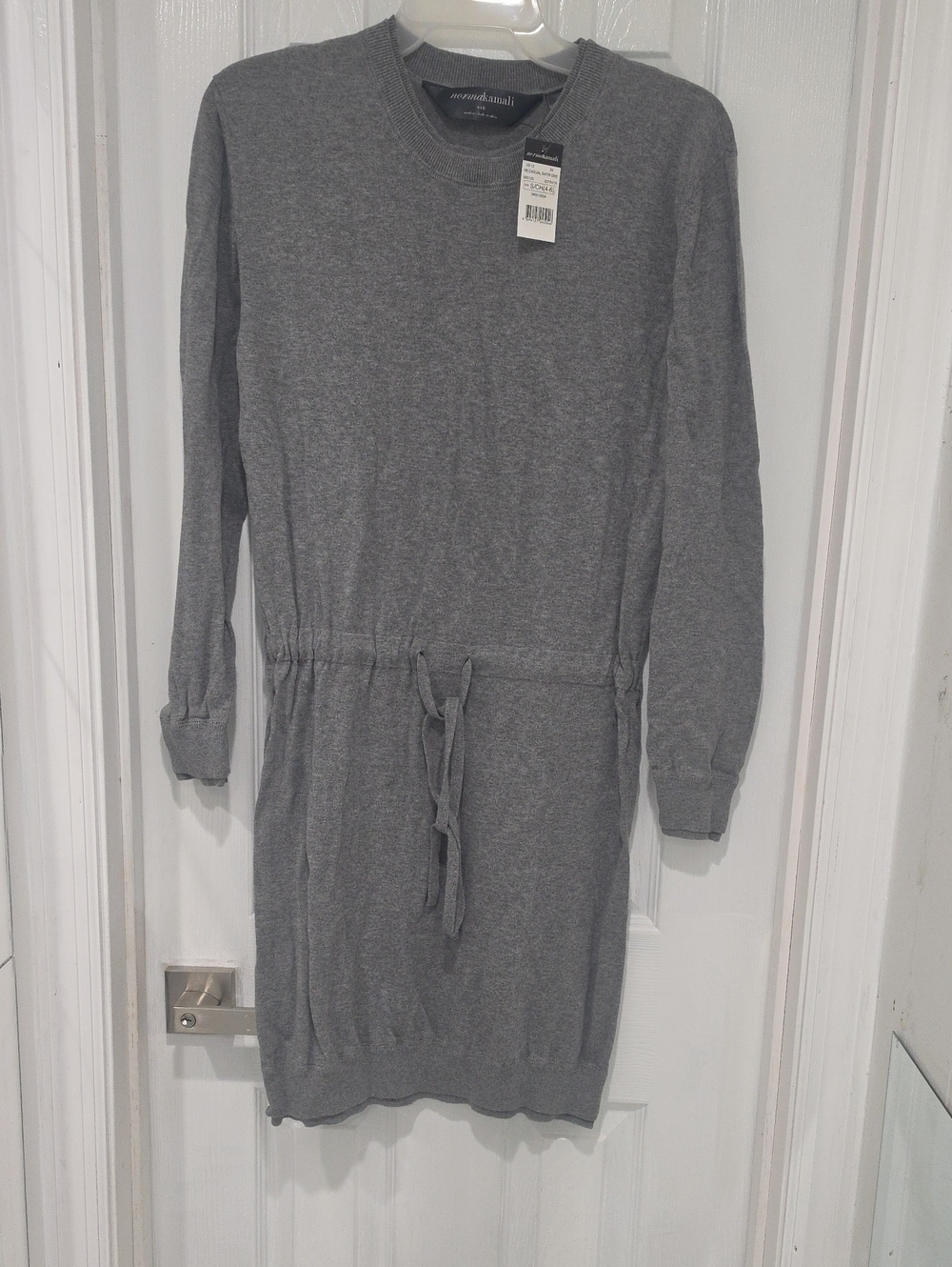 Norma Kamali Gray Long-Sleeve Drawstring Knit Dress